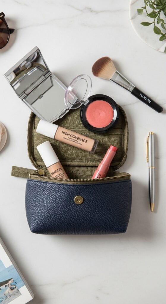 A breathtaking pale brunette makeup editorial featuring a beautiful fair-skinned brunette woman with flawless porcelain complexion, soft rosy blush, taupe smokey eyes, berry lips, and lavender highlighter surrounded by elegant makeup products, showcasing 20 pale brunette makeup ideas to help you embrace your unique beauty with confidence.