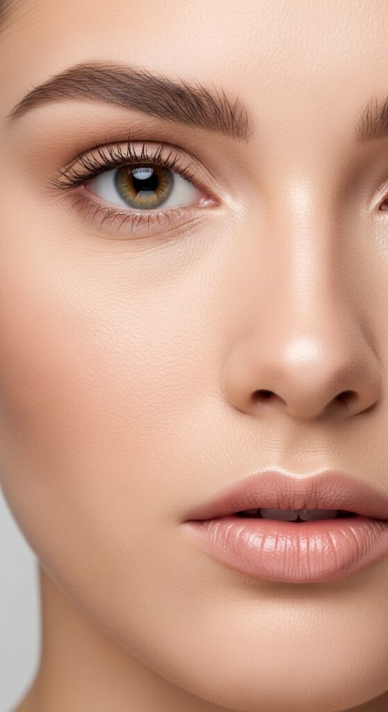 A stunning matte makeup editorial featuring a beautiful woman with a perfectly flawless velvety complexion, soft matte foundation, powdery blush, matte smokey eyes, and blurred matte lip surrounded by elegant matte beauty products, showcasing 15 matte makeup ideas for achieving a flawless and velvety complexion.