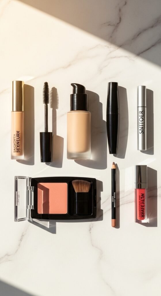 A stunning everyday makeup routine editorial featuring a beautiful woman with effortless natural beauty including glowing dewy skin, soft brows, subtle eye makeup, and flushed blush surrounded by essential makeup products on a white marble vanity, showcasing 18 everyday makeup routine ideas as the ultimate guide to achieving effortless beauty.