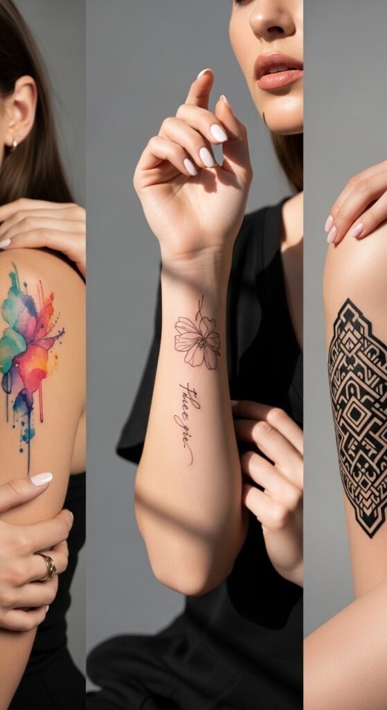 A stunning tattoo editorial featuring a beautiful woman showcasing multiple elegant feminine tattoos including delicate florals, minimalist constellations, botanical designs, and meaningful script on wrist, collarbone, and forearm placements, illustrating 18 tattoos for women ideas as the ultimate guide to finding the perfect ink.