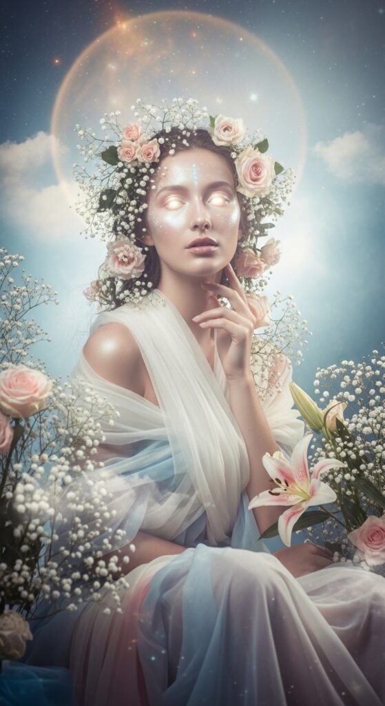 A breathtaking ethereal beauty editorial featuring a stunning woman with luminous glass skin, moonlit shimmer eyeshadow, feathery wispy lashes, softly stained lips, and iridescent hair surrounded by white flowers and crystals, showcasing 15 ethereal beauty ideas to transform your look into breathtaking dreamlike art.