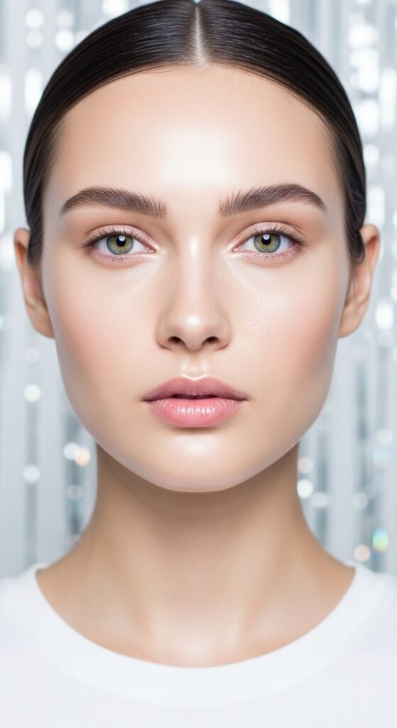 A stunning glamorous McBling makeup editorial featuring a beautiful woman with full Y2K inspired beauty including frosty eyeshadow, metallic foiled lids, glossy lips, shimmery blush, face gems, and chunky highlights, showcasing 18 McBling makeup ideas as a complete guide to mastering the most iconic Y2K makeup trends.