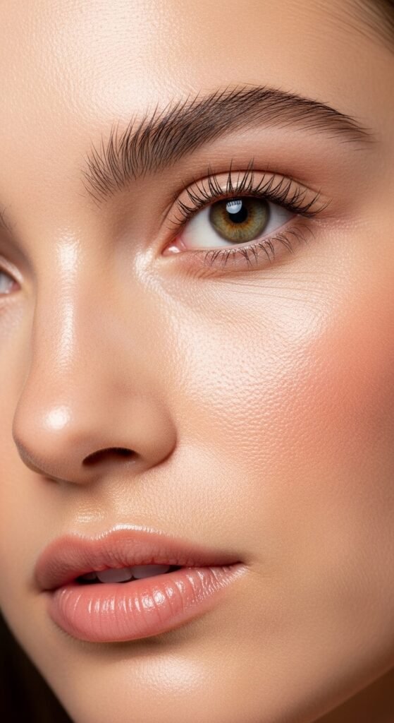 A stunning no mascara makeup editorial featuring a beautiful woman with flawless glowing skin, bold defined brows, colorful graphic liner, glossy lips, and radiant blush all achieved without mascara, showcasing 15 no mascara makeup ideas that prove bare lashes can be absolutely beautiful.