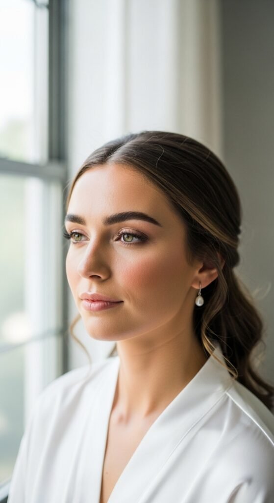 
A breathtaking natural bridal makeup editorial featuring a beautiful bride with effortless glowing skin, soft dewy complexion, rosy blush, defined brows, and barely-there shimmer surrounded by elegant bridal beauty products and fresh white flowers, showcasing 16 natural bridal makeup ideas for 2026 as the ultimate guide to effortless bridal beauty.