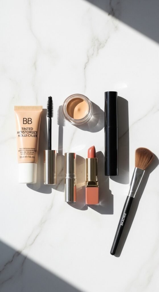 A stunning quick makeup ideas editorial featuring a beautiful woman effortlessly applying minimal makeup at a bright modern vanity surrounded by essential multi-tasking beauty products, showcasing 18 quick makeup ideas to save your morning routine and make effortless beauty achievable every single day.