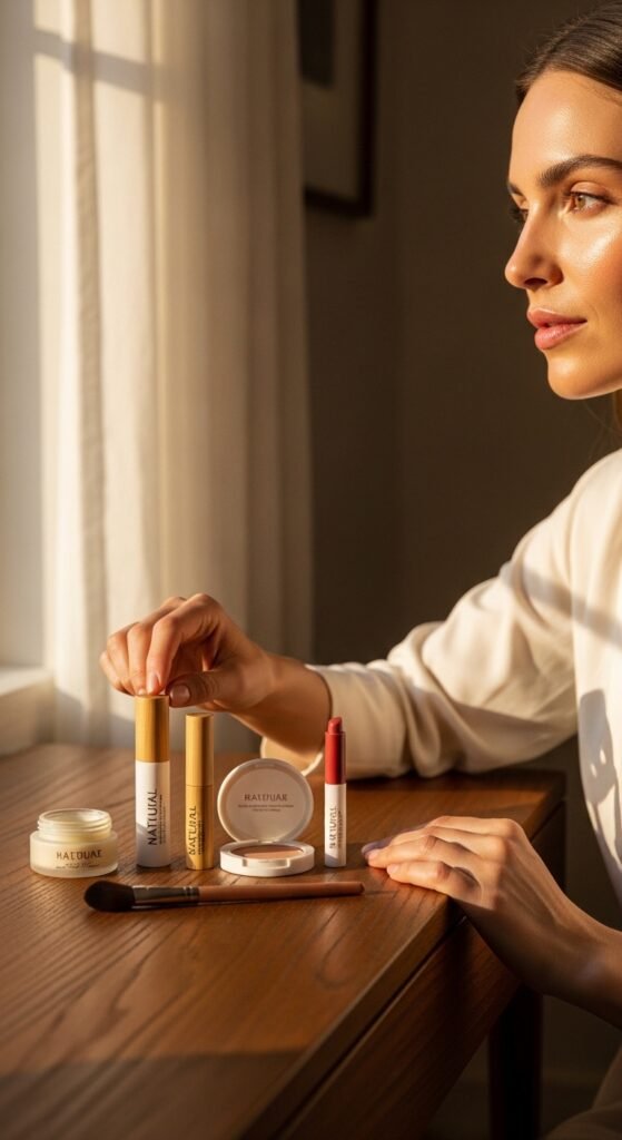 A breathtaking simple natural makeup editorial featuring a beautiful woman with effortlessly glowing dewy skin, groomed feathery brows, soft cream blush, bitten lip stain, and inner corner highlight surrounded by minimal beauty products on white marble, showcasing 20 simple makeup natural ideas as the ultimate guide to achieving effortless everyday beauty.
