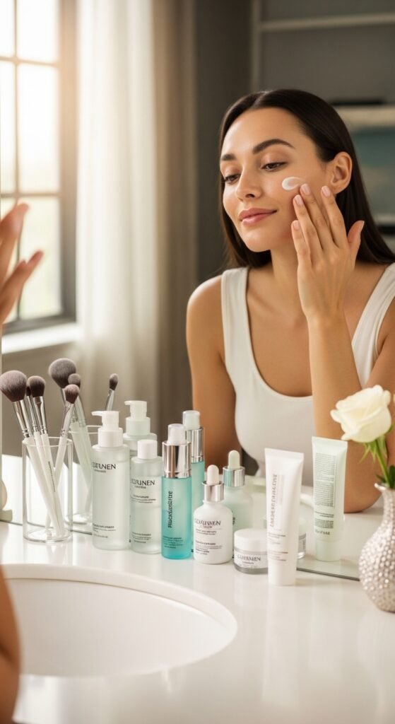 A breathtaking makeup tutorial editorial featuring a beautiful woman with a perfectly flawless face including glowing skin, defined eyes, sculpted cheeks, and polished lips surrounded by makeup brushes and products on a white marble vanity, serving as your ultimate friendly guide to achieving a flawless face with confidence.