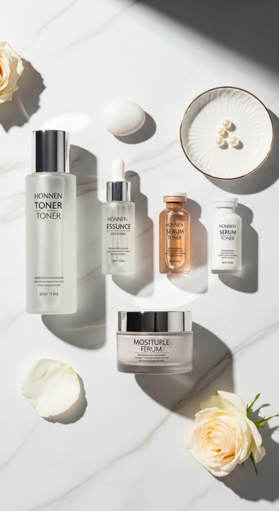 A breathtaking Korean makeup look editorial featuring a beautiful woman with flawless dewy glass skin, soft gradient lips, straight brows, puppy liner, and luminous K-beauty glow surrounded by elegant Korean beauty products, showcasing 20 Korean makeup look ideas as the ultimate guide to achieving the coveted K-beauty glow.