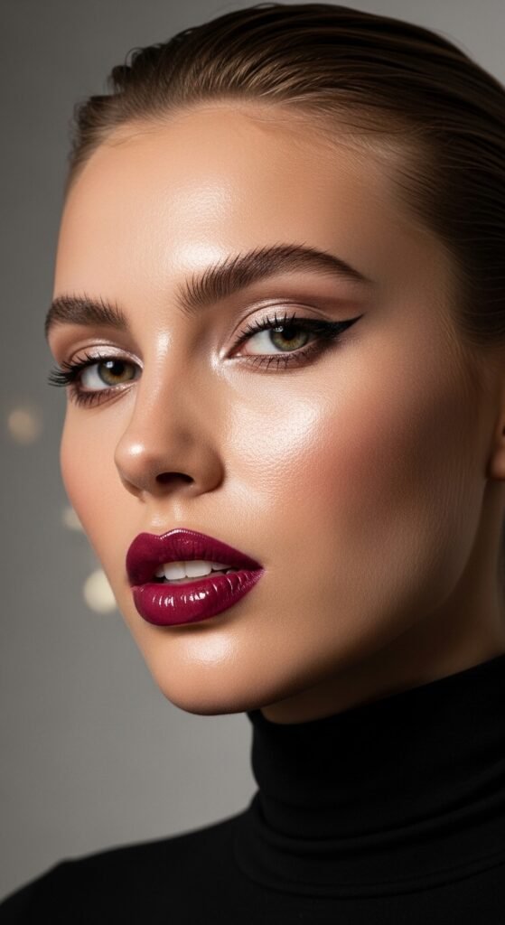 A breathtaking, glamorous makeup look editorial featuring a stunning woman with dramatic smokey eyes, bold red lips, blinding highlighter, jewel-toned eyeshadow, and flawless skin surrounded by luxury makeup products, showcasing 17 glamour makeup looks ideas as the ultimate guide to achieving stunning and unforgettable beauty.