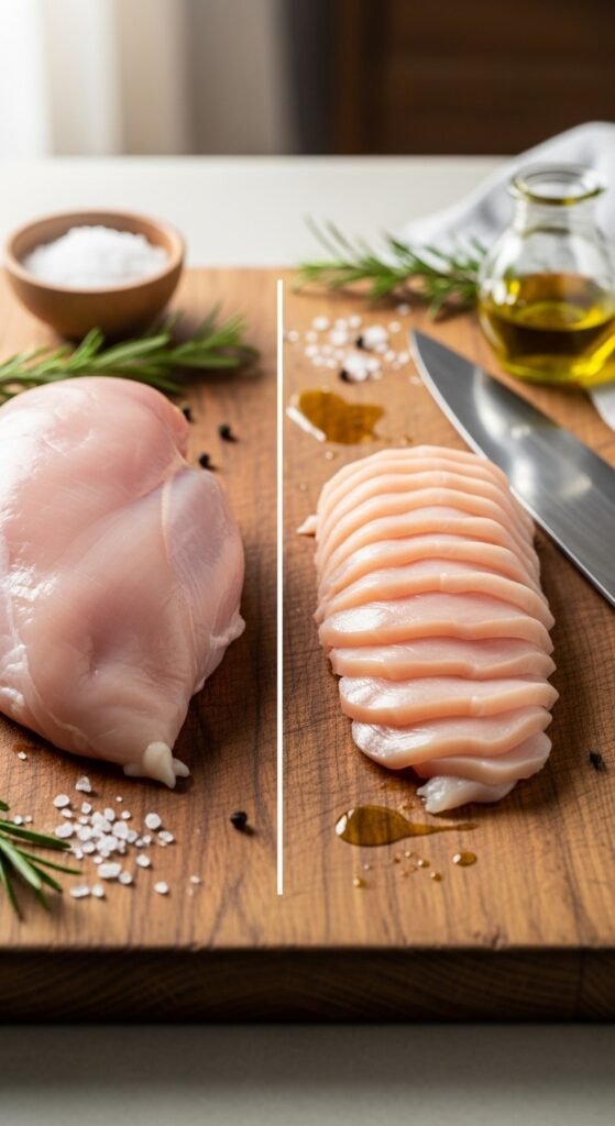 A breathtaking thinly sliced chicken breast recipes editorial featuring a stunning spread of golden chicken cutlets including lemon garlic butter, crispy parmesan crusted, and Korean bulgogi styles beautifully styled on a rustic wooden table with fresh herbs and warm kitchen lighting, showcasing the ultimate guide to fast flavorful and foolproof thinly sliced chicken breast dinners.
