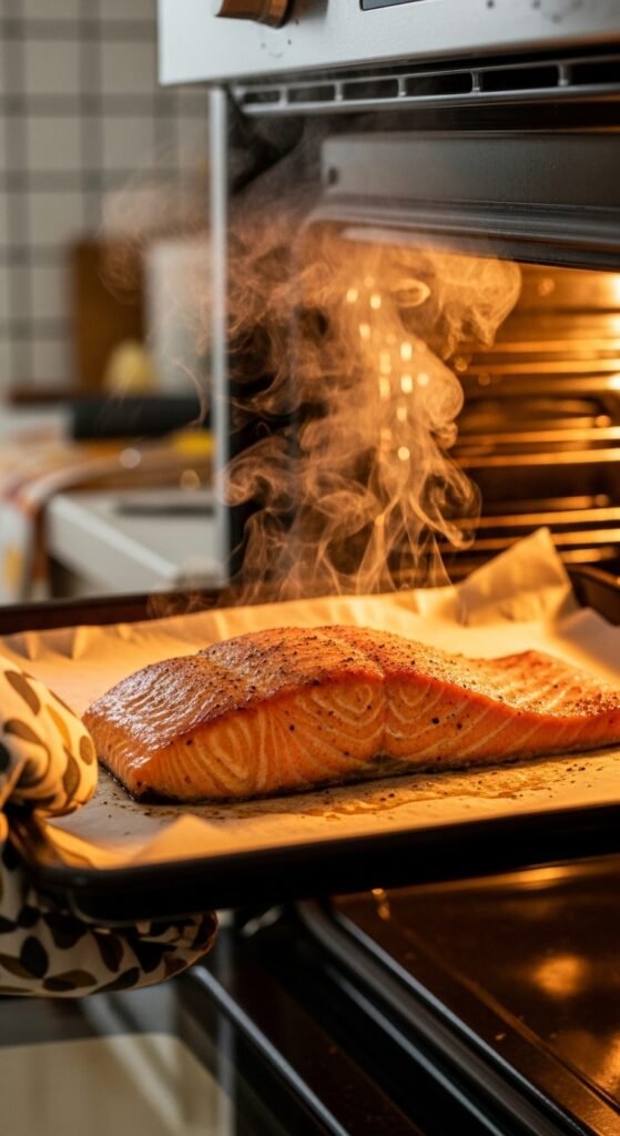  A breathtaking easy salmon recipes baked editorial featuring a stunning spread of golden baked salmon dishes including garlic butter, parmesan herb crusted, lemon pepper, and Mediterranean styles on a rustic wooden table with fresh lemon and dill, showcasing the ultimate guide to foolproof and flavorful easy baked salmon meals.
