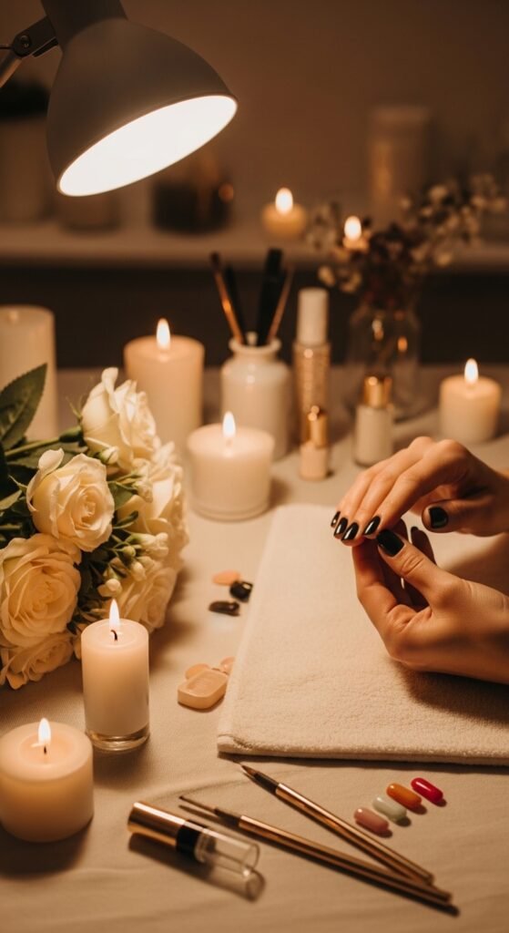 A stunning beauty editorial featuring beautifully manicured hands showcasing multiple cool nail art designs including chrome effects, pressed flowers, geometric patterns, and glitter ombre on a white marble surface, illustrating 15 cool nails ideas as a complete guide to achieving stunning and creative manicures.