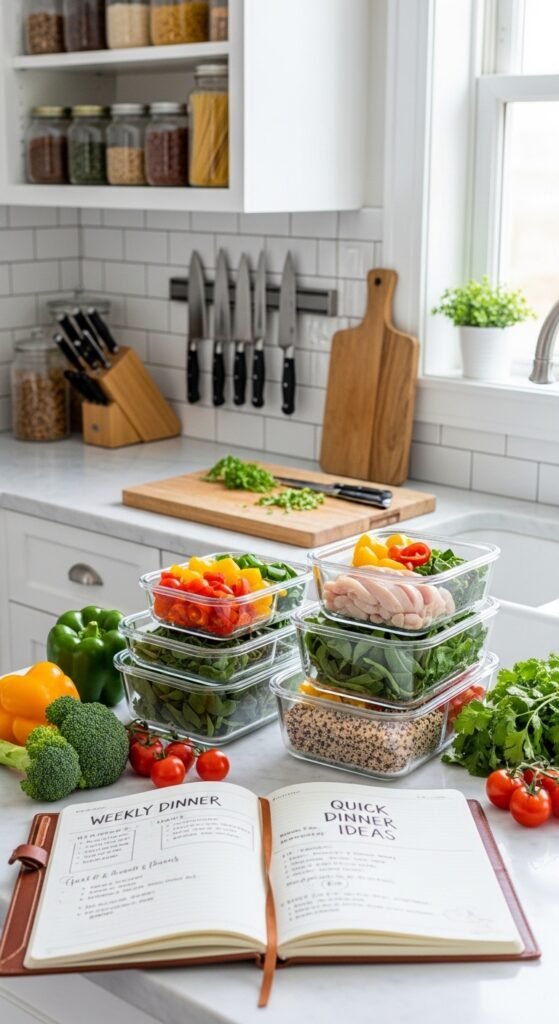 A stunning appetizing spread of multiple quick dinner ideas including shrimp scampi, sheet pan salmon, creamy pasta, tacos, and stir fry beautifully styled on a rustic wooden dining table with fresh herbs and warm kitchen lighting, showcasing 25 quick dinner ideas as the ultimate guide to easy and delicious weeknight meals.