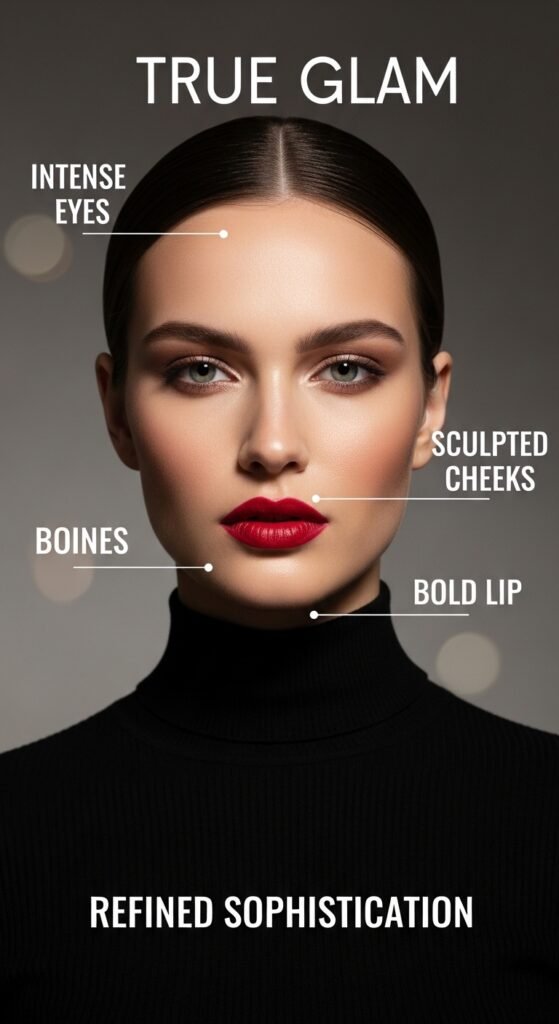 A breathtaking glam makeup look editorial featuring a stunning woman with dramatic smokey eyes, blinding highlighter, bold lips, graphic liner, and flawless skin surrounded by luxury makeup products on black marble, showcasing 15 glam makeup look ideas to elevate your beauty routine to the next level.