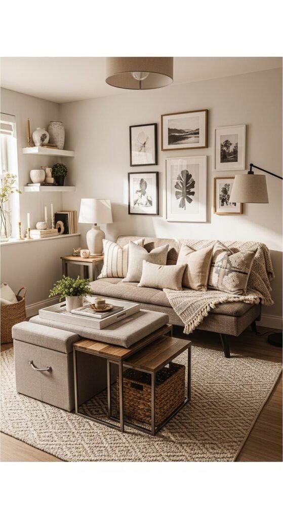 A beautifully designed and maximized small living room featuring multi-functional furniture, large mirrors, high curtains, vertical storage, and a neutral color palette, showcasing 20 small living room decor ideas to help you maximize space and create a stylish and functional home.