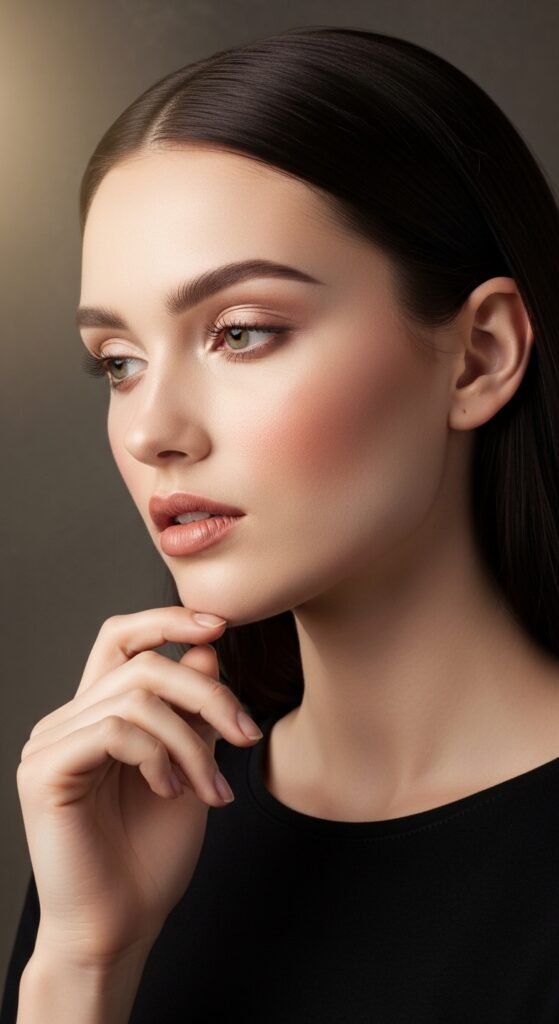 A breathtaking pale brunette makeup editorial featuring a beautiful fair-skinned brunette woman with flawless porcelain complexion, soft rosy blush, taupe smokey eyes, berry lips, and lavender highlighter surrounded by elegant makeup products, showcasing 20 pale brunette makeup ideas to help you embrace your unique beauty with confidence.