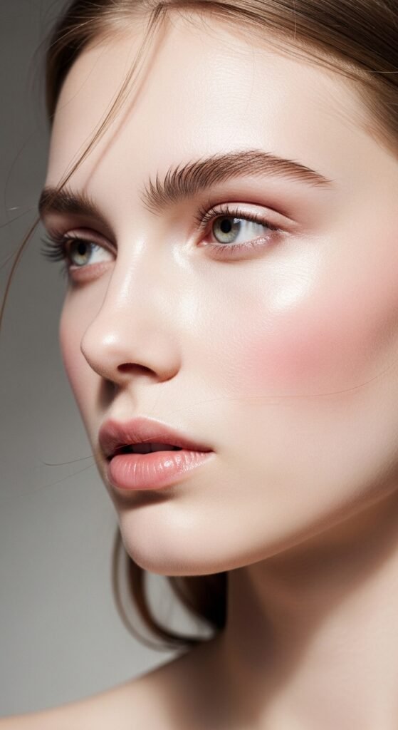 A breathtaking pale skin makeup editorial featuring a stunning fair-skinned woman with flawless porcelain complexion, soft rosy blush, ethereal highlight, subtle smokey eyes, and bold red lip surrounded by elegant makeup products on white marble, showcasing 20 pale skin makeup ideas as a complete guide to achieving flawless and radiant looks.