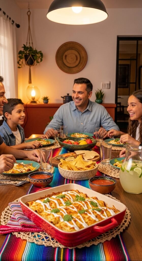 A breathtaking sour cream chicken enchilada recipe editorial featuring a stunning baking dish of golden baked enchiladas smothered in rich creamy white sauce, melted cheese, fresh cilantro, and jalapeños on a rustic wooden table, showcasing the ultimate guide to making the most delicious and authentic sour cream chicken enchilada recipe at home.