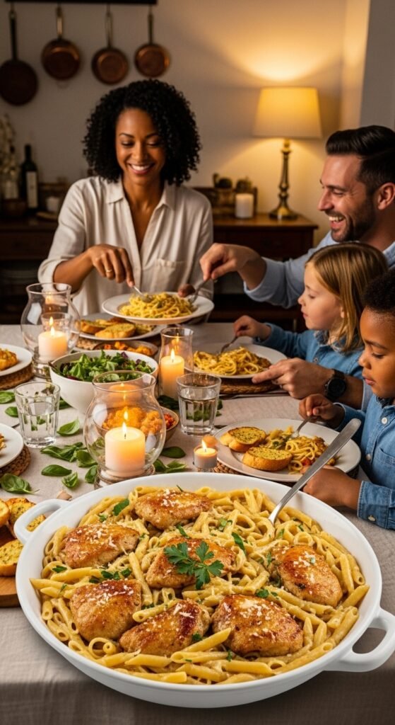 A breathtaking garlic butter chicken pasta editorial featuring a stunning bowl of golden seared chicken over perfectly cooked fettuccine in a rich glossy garlic butter cream sauce topped with freshly grated parmesan and fresh parsley, showcasing the ultimate comfort food guide to making the most delicious garlic butter chicken pasta at home.