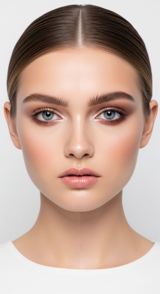 A breathtaking pale skin makeup editorial featuring a stunning fair-skinned woman with flawless porcelain complexion, soft rosy blush, ethereal highlight, subtle smokey eyes, and bold red lip surrounded by elegant makeup products on white marble, showcasing 20 pale skin makeup ideas as a complete guide to achieving flawless and radiant looks.