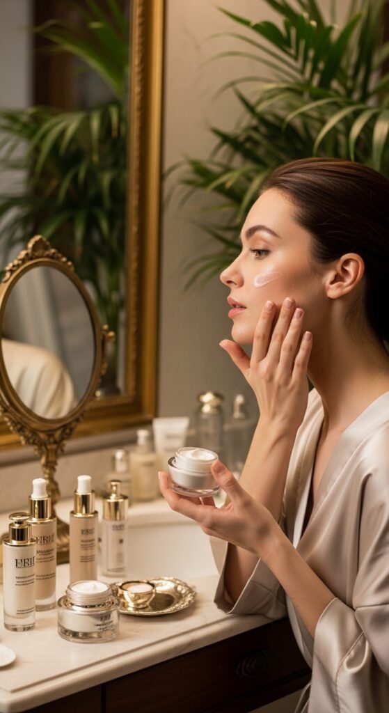 A breathtaking pale brunette makeup editorial featuring a beautiful fair-skinned brunette woman with flawless porcelain complexion, soft rosy blush, taupe smokey eyes, berry lips, and lavender highlighter surrounded by elegant makeup products, showcasing 20 pale brunette makeup ideas to help you embrace your unique beauty with confidence.