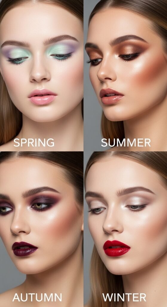 A breathtaking pale skin makeup editorial featuring a stunning fair-skinned woman with flawless porcelain complexion, soft rosy blush, ethereal highlight, subtle smokey eyes, and bold red lip surrounded by elegant makeup products on white marble, showcasing 20 pale skin makeup ideas as a complete guide to achieving flawless and radiant looks.