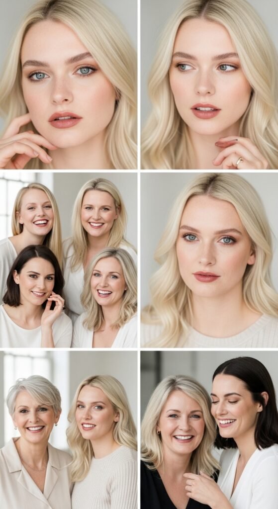 A breathtaking pale brunette makeup editorial featuring a beautiful fair-skinned brunette woman with flawless porcelain complexion, soft rosy blush, taupe smokey eyes, berry lips, and lavender highlighter surrounded by elegant makeup products, showcasing 20 pale brunette makeup ideas to help you embrace your unique beauty with confidence.