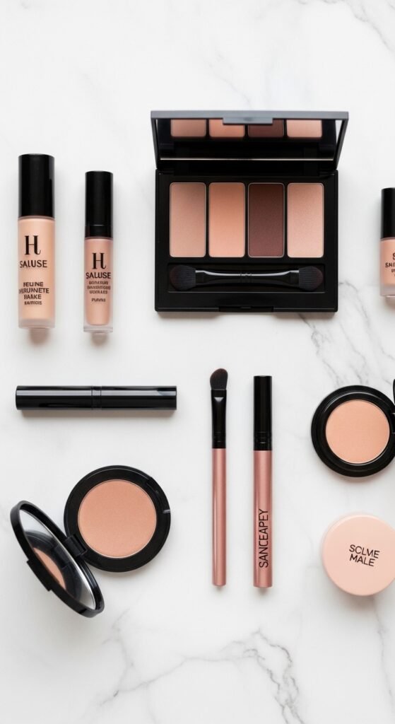 A breathtaking pale brunette makeup editorial featuring a beautiful fair-skinned brunette woman with flawless porcelain complexion, soft rosy blush, taupe smokey eyes, berry lips, and lavender highlighter surrounded by elegant makeup products, showcasing 20 pale brunette makeup ideas to help you embrace your unique beauty with confidence.