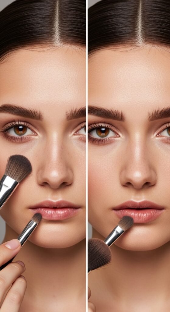 A breathtaking pale brunette makeup editorial featuring a beautiful fair-skinned brunette woman with flawless porcelain complexion, soft rosy blush, taupe smokey eyes, berry lips, and lavender highlighter surrounded by elegant makeup products, showcasing 20 pale brunette makeup ideas to help you embrace your unique beauty with confidence.