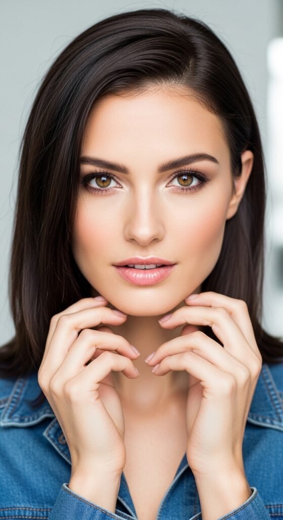 A breathtaking pale brunette makeup editorial featuring a beautiful fair-skinned brunette woman with flawless porcelain complexion, soft rosy blush, taupe smokey eyes, berry lips, and lavender highlighter surrounded by elegant makeup products, showcasing 20 pale brunette makeup ideas to help you embrace your unique beauty with confidence.