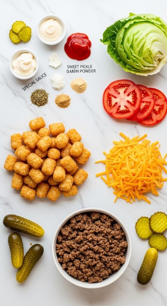 A breathtaking Big Mac tater tot casserole editorial featuring a golden bubbling casserole dish topped with crispy tater tots, melted cheddar cheese, fresh lettuce, diced tomatoes, pickles, and special sauce drizzle on a rustic wooden table, showcasing the ultimate guide to this irresistible comfort food mashup made in heaven.