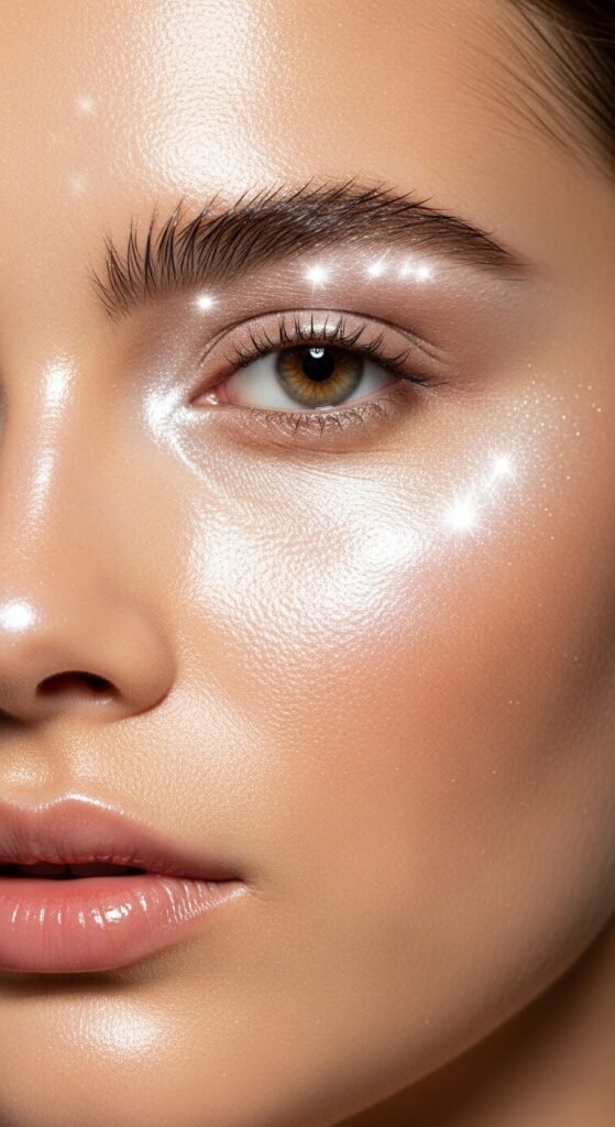 A stunning glamorous McBling makeup editorial featuring a beautiful woman with full Y2K inspired beauty including frosty eyeshadow, metallic foiled lids, glossy lips, shimmery blush, face gems, and chunky highlights, showcasing 18 McBling makeup ideas as a complete guide to mastering the most iconic Y2K makeup trends.