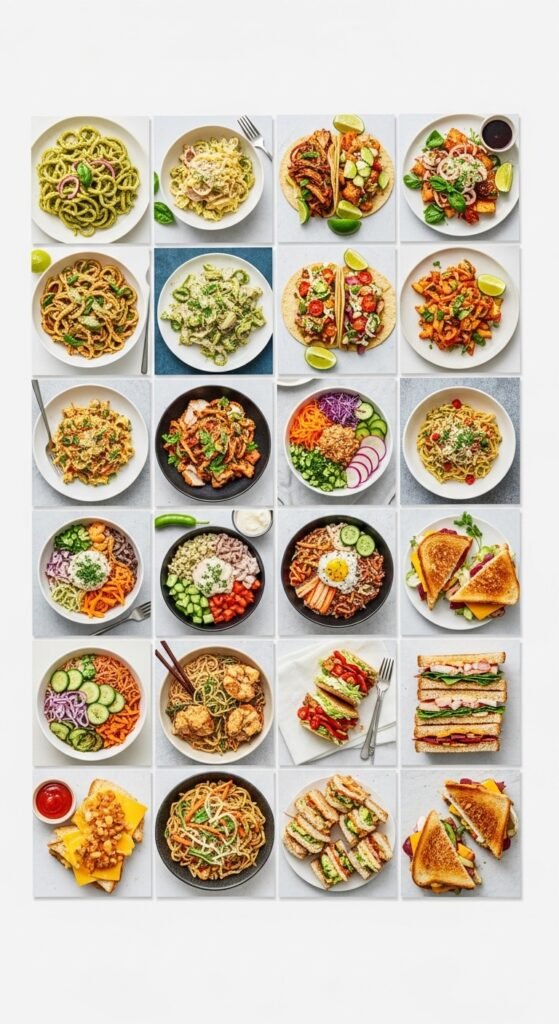 A stunning appetizing spread of multiple quick dinner ideas including shrimp scampi, sheet pan salmon, creamy pasta, tacos, and stir fry beautifully styled on a rustic wooden dining table with fresh herbs and warm kitchen lighting, showcasing 25 quick dinner ideas as the ultimate guide to easy and delicious weeknight meals.