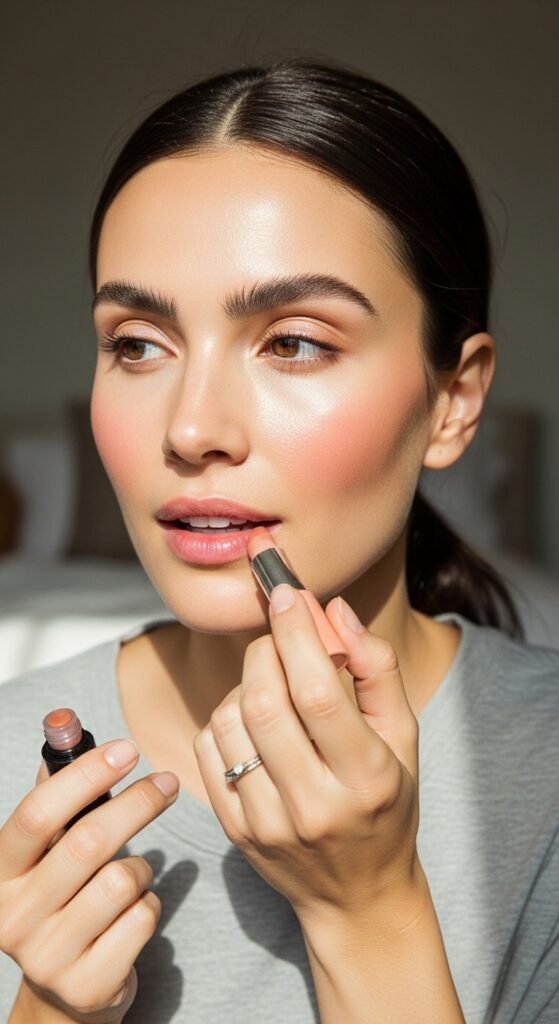 A stunning quick makeup ideas editorial featuring a beautiful woman effortlessly applying minimal makeup at a bright modern vanity surrounded by essential multi-tasking beauty products, showcasing 18 quick makeup ideas to save your morning routine and make effortless beauty achievable every single day.
