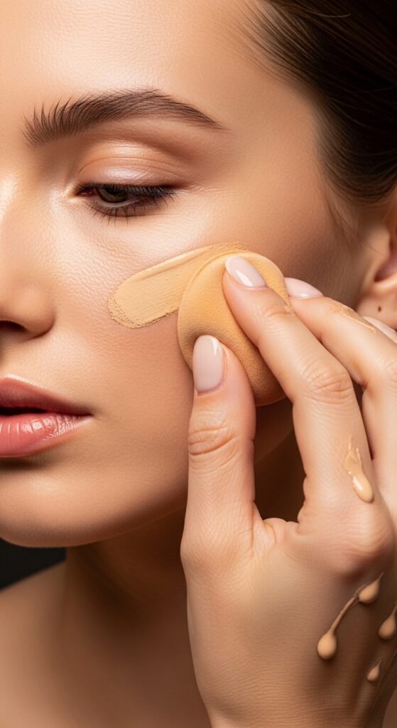 A breathtaking makeup tutorial editorial featuring a beautiful woman with a perfectly flawless face including glowing skin, defined eyes, sculpted cheeks, and polished lips surrounded by makeup brushes and products on a white marble vanity, serving as your ultimate friendly guide to achieving a flawless face with confidence.