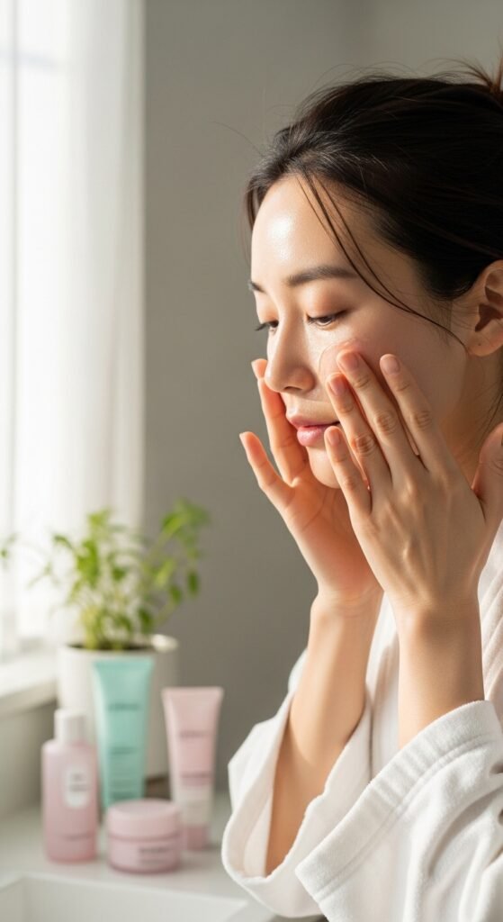 A breathtaking Korean makeup look editorial featuring a beautiful woman with flawless dewy glass skin, soft gradient lips, straight brows, puppy liner, and luminous K-beauty glow surrounded by elegant Korean beauty products, showcasing 20 Korean makeup look ideas as the ultimate guide to achieving the coveted K-beauty glow.