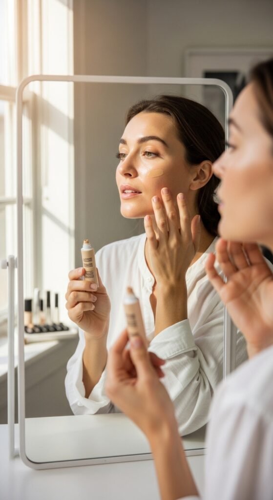 A stunning everyday makeup routine editorial featuring a beautiful woman with effortless natural beauty including glowing dewy skin, soft brows, subtle eye makeup, and flushed blush surrounded by essential makeup products on a white marble vanity, showcasing 18 everyday makeup routine ideas as the ultimate guide to achieving effortless beauty.