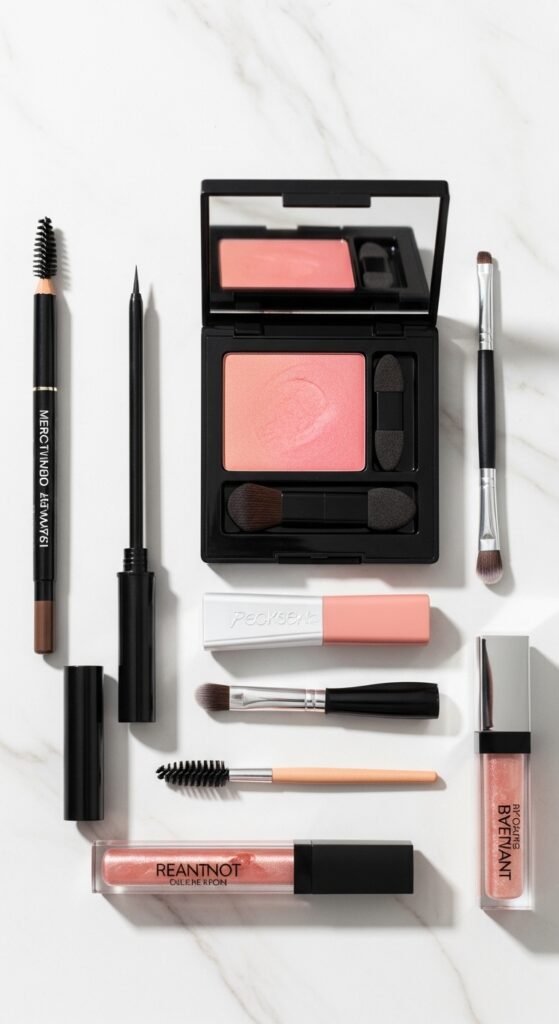 A stunning no mascara makeup editorial featuring a beautiful woman with flawless glowing skin, bold defined brows, colorful graphic liner, glossy lips, and radiant blush all achieved without mascara, showcasing 15 no mascara makeup ideas that prove bare lashes can be absolutely beautiful.