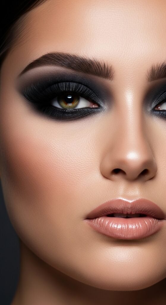 A breathtaking glam makeup look editorial featuring a stunning woman with dramatic smokey eyes, blinding highlighter, bold lips, graphic liner, and flawless skin surrounded by luxury makeup products on black marble, showcasing 15 glam makeup look ideas to elevate your beauty routine to the next level.