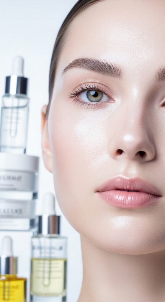 A breathtaking ethereal beauty editorial featuring a stunning woman with luminous glass skin, moonlit shimmer eyeshadow, feathery wispy lashes, softly stained lips, and iridescent hair surrounded by white flowers and crystals, showcasing 15 ethereal beauty ideas to transform your look into breathtaking dreamlike art.