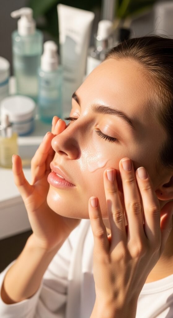 A breathtaking simple natural makeup editorial featuring a beautiful woman with effortlessly glowing dewy skin, groomed feathery brows, soft cream blush, bitten lip stain, and inner corner highlight surrounded by minimal beauty products on white marble, showcasing 20 simple makeup natural ideas as the ultimate guide to achieving effortless everyday beauty.