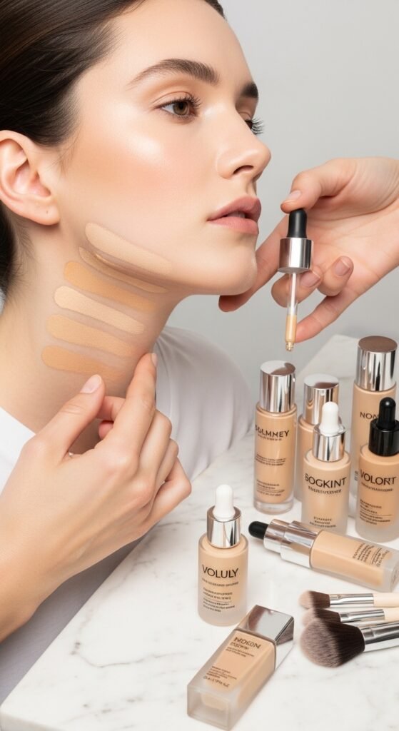 A breathtaking pale brunette makeup editorial featuring a beautiful fair-skinned brunette woman with flawless porcelain complexion, soft rosy blush, taupe smokey eyes, berry lips, and lavender highlighter surrounded by elegant makeup products, showcasing 20 pale brunette makeup ideas to help you embrace your unique beauty with confidence.