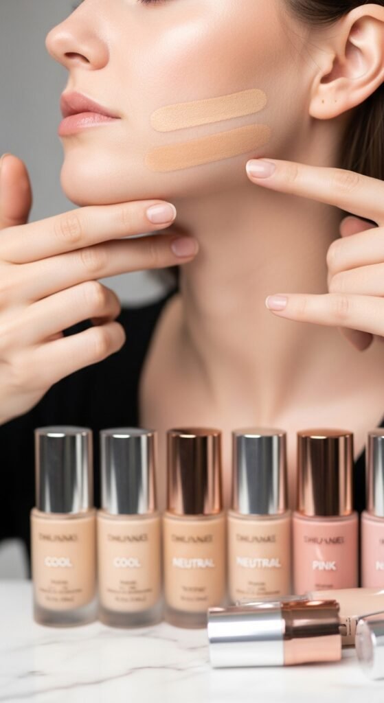 A breathtaking pale skin makeup editorial featuring a stunning fair-skinned woman with flawless porcelain complexion, soft rosy blush, ethereal highlight, subtle smokey eyes, and bold red lip surrounded by elegant makeup products on white marble, showcasing 20 pale skin makeup ideas as a complete guide to achieving flawless and radiant looks.