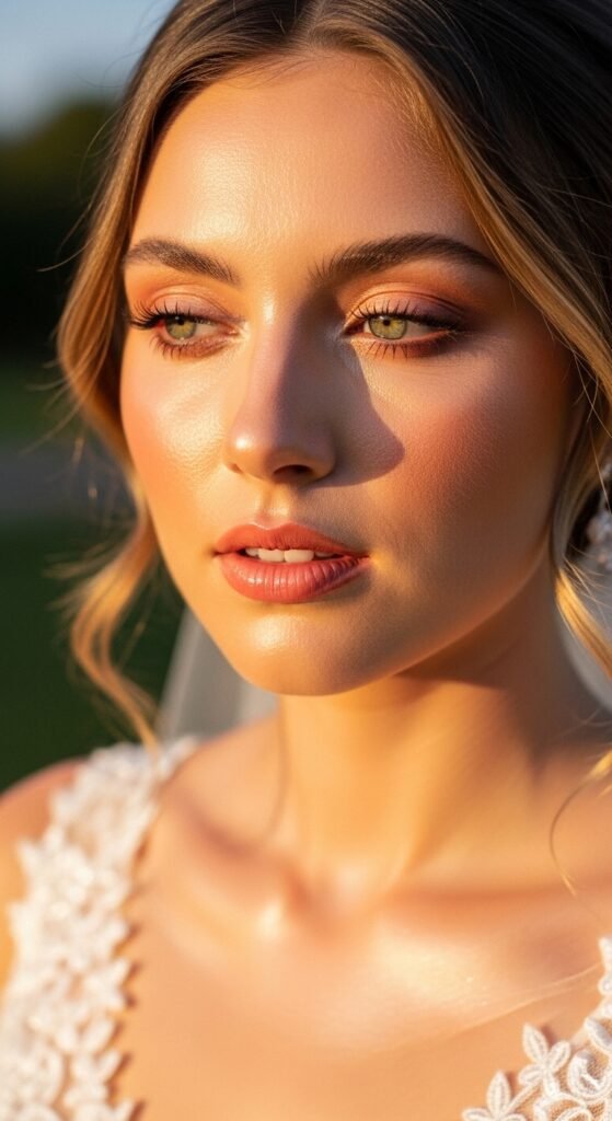 
A breathtaking natural bridal makeup editorial featuring a beautiful bride with effortless glowing skin, soft dewy complexion, rosy blush, defined brows, and barely-there shimmer surrounded by elegant bridal beauty products and fresh white flowers, showcasing 16 natural bridal makeup ideas for 2026 as the ultimate guide to effortless bridal beauty.