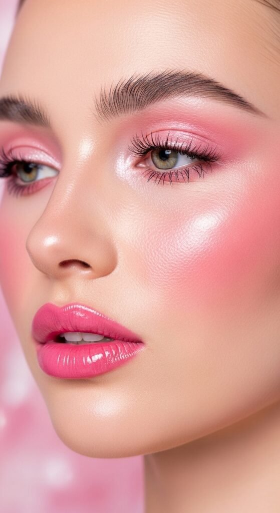 A stunning glamorous bimbocore makeup editorial featuring a beautiful woman with hyper-feminine Y2K inspired beauty including glossy pink lips, glitter eyeshadow, heavy blush, and dewy glowing skin, showcasing 15 bimbocore makeup ideas as the ultimate guide to mastering the hyper-feminine beauty trend.