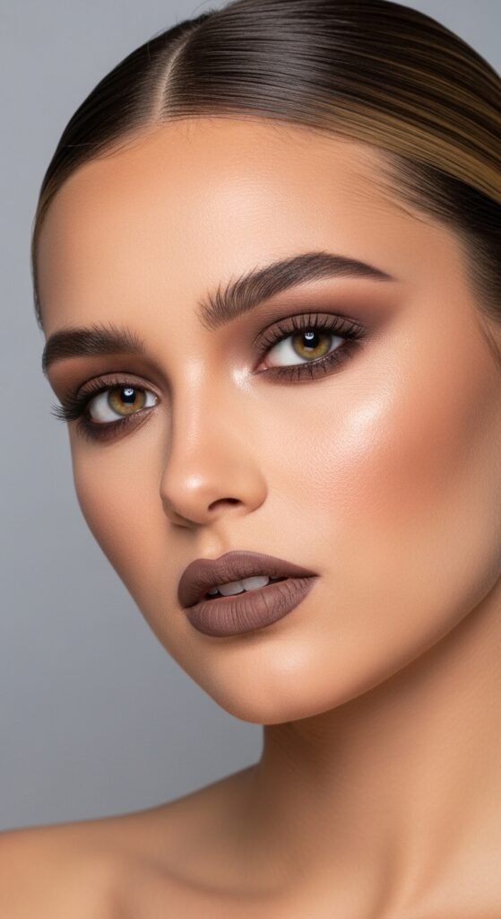 A stunning matte makeup editorial featuring a beautiful woman with a perfectly flawless velvety complexion, soft matte foundation, powdery blush, matte smokey eyes, and blurred matte lip surrounded by elegant matte beauty products, showcasing 15 matte makeup ideas for achieving a flawless and velvety complexion.