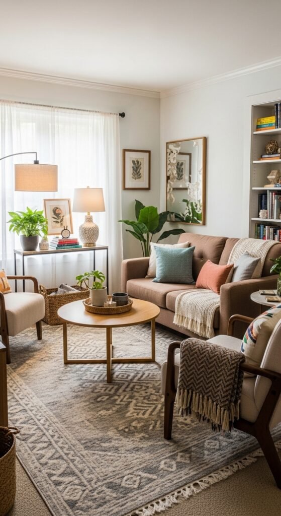 A beautifully designed and maximized small living room featuring multi-functional furniture, large mirrors, high curtains, vertical storage, and a neutral color palette, showcasing 20 small living room decor ideas to help you maximize space and create a stylish and functional home.