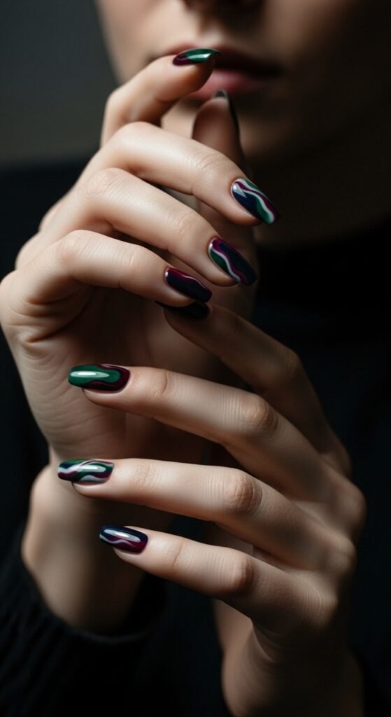A stunning beauty editorial featuring beautifully manicured hands showcasing multiple cool nail art designs including chrome effects, pressed flowers, geometric patterns, and glitter ombre on a white marble surface, illustrating 15 cool nails ideas as a complete guide to achieving stunning and creative manicures.