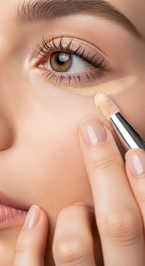 A breathtaking makeup tutorial editorial featuring a beautiful woman with a perfectly flawless face including glowing skin, defined eyes, sculpted cheeks, and polished lips surrounded by makeup brushes and products on a white marble vanity, serving as your ultimate friendly guide to achieving a flawless face with confidence.