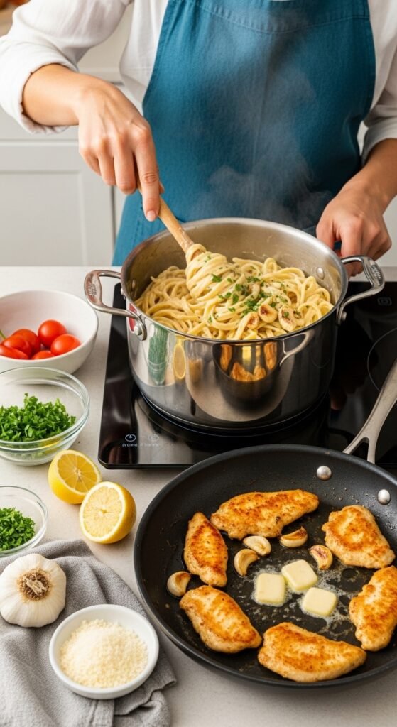 A breathtaking garlic butter chicken pasta editorial featuring a stunning bowl of golden seared chicken over perfectly cooked fettuccine in a rich glossy garlic butter cream sauce topped with freshly grated parmesan and fresh parsley, showcasing the ultimate comfort food guide to making the most delicious garlic butter chicken pasta at home.